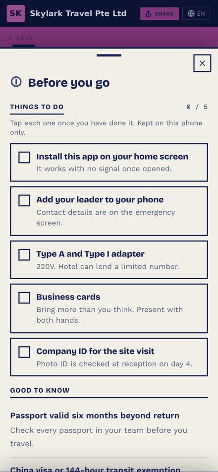 Pre-departure checklist covering passport, visa and packing