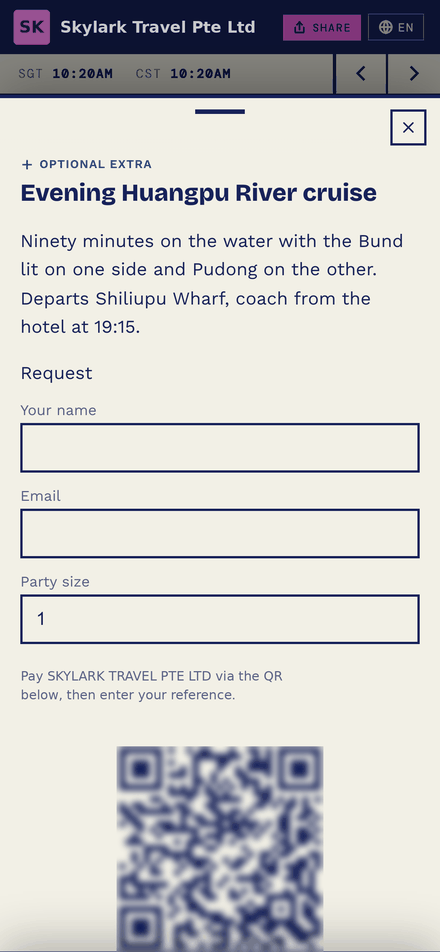 Optional evening cruise activity booked and paid inside the tour app