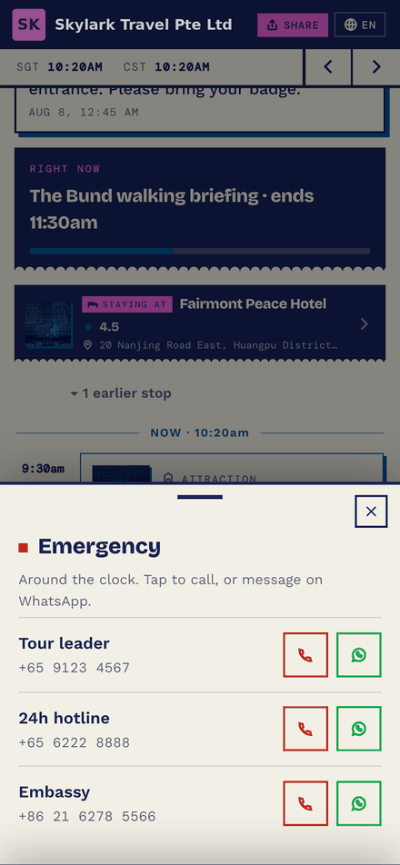 Emergency screen with tour leader, 24-hour hotline and embassy contacts