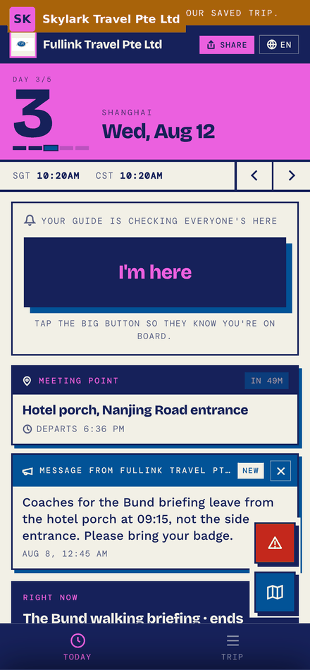 Offline banner showing the saved itinerary without mobile data