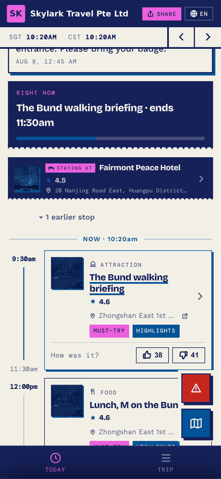 Today view of a group tour itinerary with the current activity highlighted
